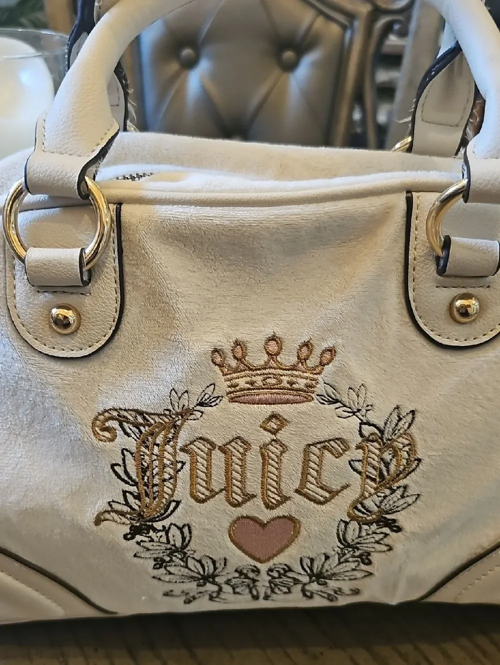 Juicy Couture Cream Embroidered Satchel Crossbody with Gold Accents
